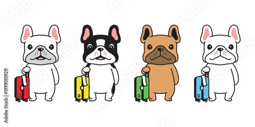 french bulldog dog travel bag Suitcase cartoon character Luggage Baggage sunglasses traveller vector icon puppy pet doodle animal symbol illustration isolated design