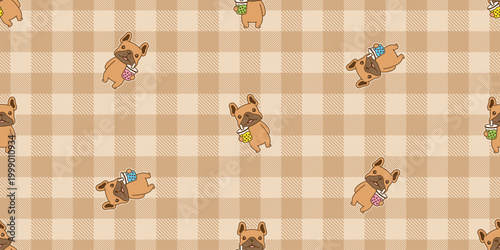 french bulldog dog seamless pattern Boba milk tea drink puppy vector pet breed cartoon gift wrapping paper repeat wallpaper tile background doodle illustration isolated design