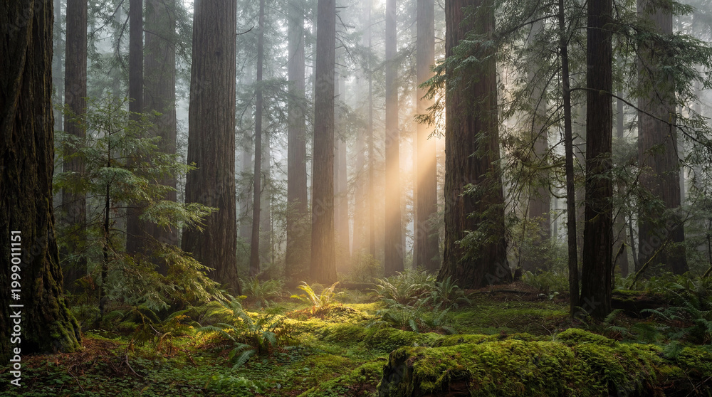 Fototapeta premium Golden sunbeam pierces ancient redwood grove through silver mist, highlighting majestic trees and serene forest floor