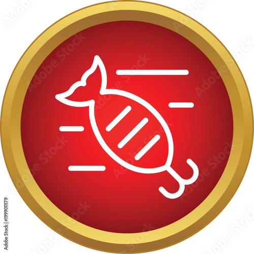 Fishing lure bait icon featuring a hook, tail, and lines on a gold bordered red circle
