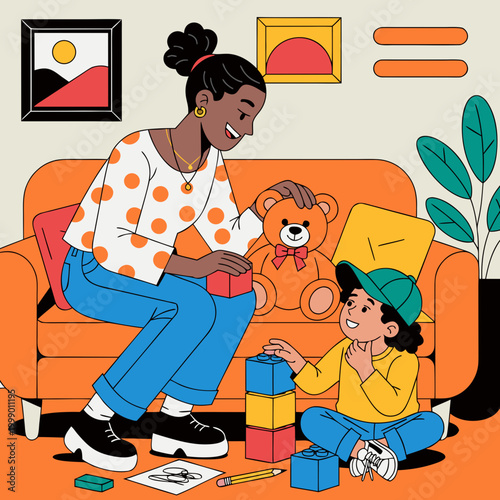 Mother, child playing blocks, colorful living room, vector illustration, family bonding, playtime