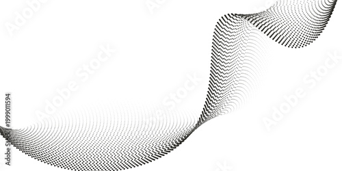 Dotted wavy line background. Black halftone undulate pattern. Curved dashed gradient design element for poser, banner, presentation, booklet. Abstract flowing particle wave wallpaper. Vector