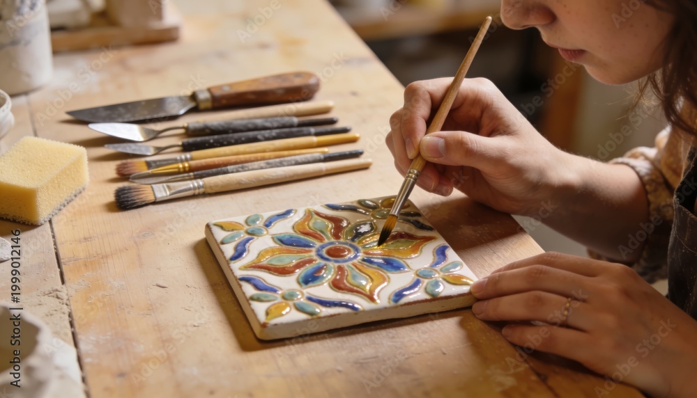 Obraz premium Woman decorating a ceramic tile with glaze using brush and vivid patterns