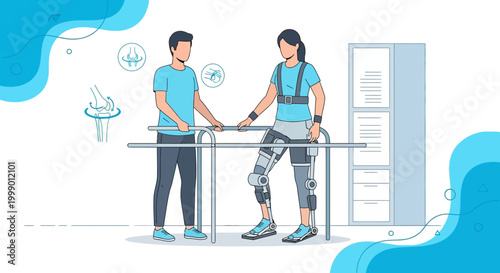 Physical Therapy Patient Uses Exoskeleton with Therapist Assistance in Rehabilitation Gym