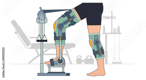 Physical therapy patient using rehabilitation equipment for knee recovery and leg strengthening