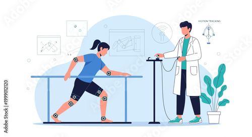 Physical therapy patient undergoing motion analysis with doctor and sensors
