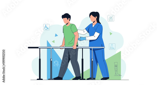 Physical therapy patient walking with nurse support in rehabilitation center using parallel bars