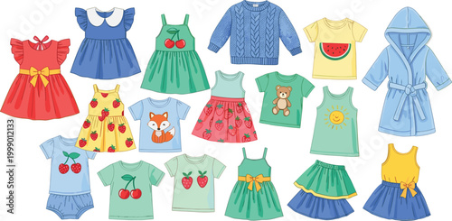 Cute kids clothing collection colorful dresses shirts and outfits vector illustration children fashion apparel set for baby wardrobe design