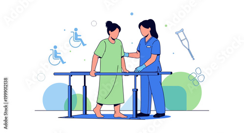 Physical therapy patient walking with nurse support in parallel bars, rehabilitation concept