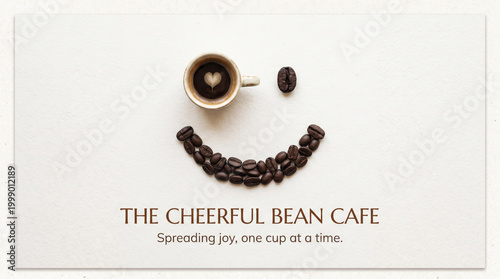 Coffee cup coffee bean smile face white background top view minimal layout cafe beverage hot drink brown bean ceramic cup heart shape food arrangement flat lay cheerful copy space simple design