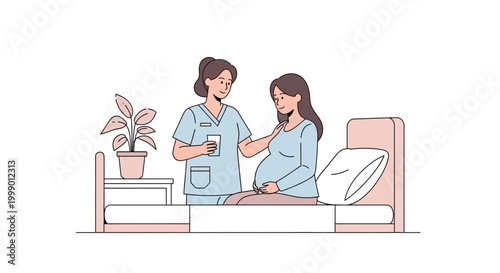 Pregnant woman in hospital bed with nurse, receiving care and support