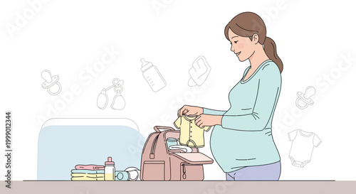 Pregnant Woman Packing Baby Clothes in Hospital Bag for Birth