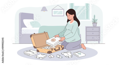 Pregnant Woman Packing Suitcase with Baby Clothes for Hospital Bag