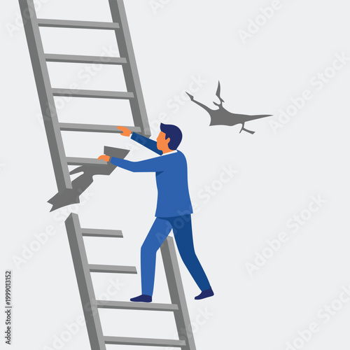 Businessman repairing a broken ladder to continue his climb representing career growth problem solving and resilience in the face of obstacles