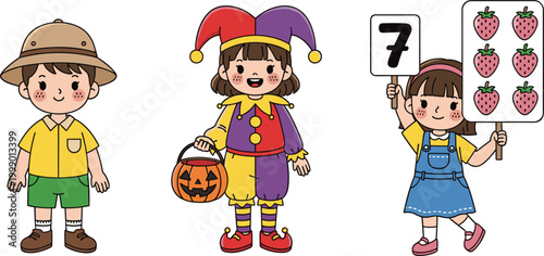 Cute kids in costumes and learning activity cartoon vector illustration children characters with halloween outfit and counting game design