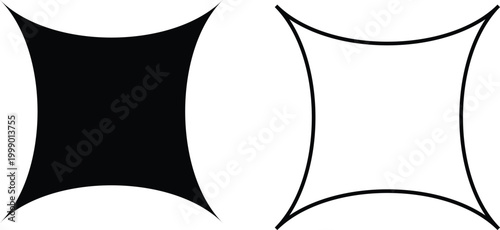 Minimalist four pointed concave star sparkle icons in black silhouette and linear outline styles isolated on white background for graphic design