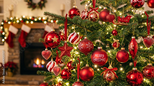 Christmas ornament on decorated tree in warm living room with fireplace glow and festive holiday light, red bauble, red star, ribbon, winter celebration