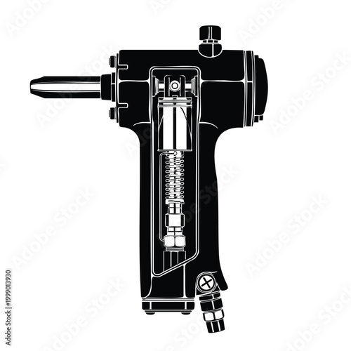 Pneumatic riveting gun cutaway silhouette for industrial applications.