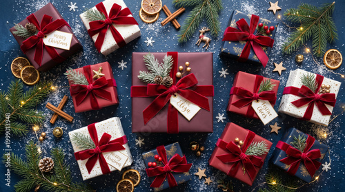 Christmas gift box flat lay with festive ribbon, pine branch, and winter decor on blue background