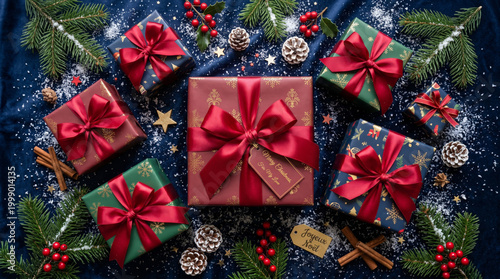 Christmas gift boxes with red ribbon on dark blue holiday background, festive pine branch and pine cone decoration, top view