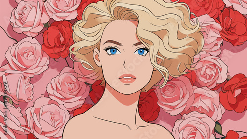 Portrait of Blonde Woman with Rose Flower Background