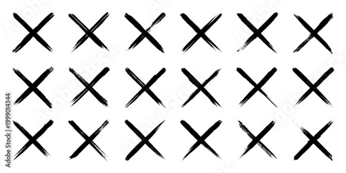 Grunge crosses, brush strokes, x mark, lines, ink smudges, hand-drawn scribble shapes. Handmade sketchy marks, acrylic stains, charcoal streaks. Paint textures, dry brush effect. Vector illustration