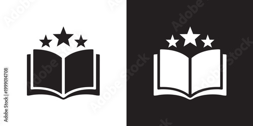 Minimalist Open Book Logo with Three Stars in Monochrome Black and White