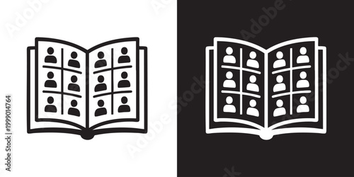 Minimalist Open Book Icon with Grid of Silhouetted People in Black and White Perspective Style