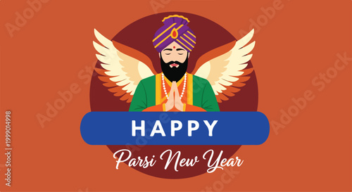 Festive New Year celebration illustration featuring a cheerful man with wings and colorful attire
