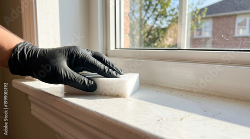 Black gloved hand cleaning white window sill in sunlight