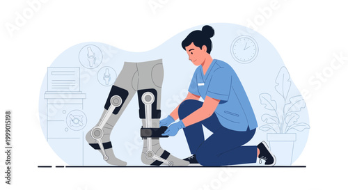 Prosthetic Leg Fitting: Nurse Adjusts Advanced Bionic Limb on Patient