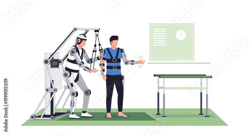 Rehabilitation exoskeleton robot assisting patient with physical therapy exercises