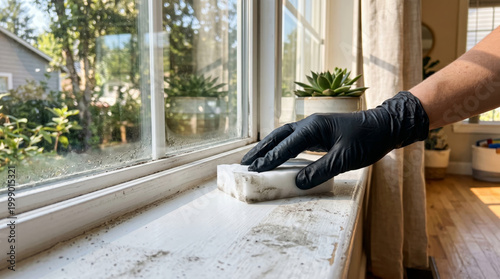 Window cleaning black glove hand sponge sill dust home interior sunlight house