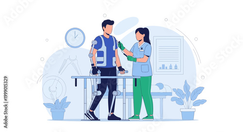 Rehabilitation with exoskeleton, physical therapy patient and nurse in clinic