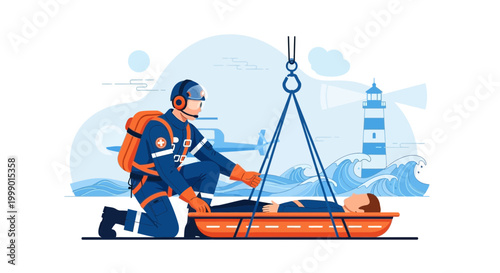 Rescue helicopter crew saving person from sea near lighthouse, emergency medical services