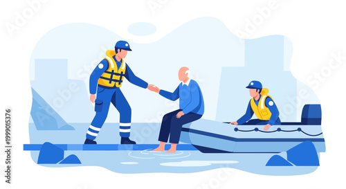 Rescuer helps elderly man into boat during flood rescue operation