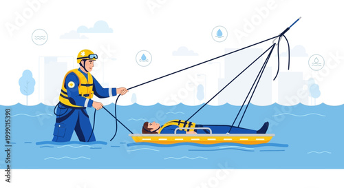Rescuer pulling person on stretcher through floodwaters, rescue operation concept