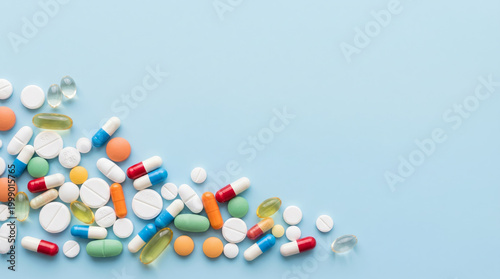 Assorted pill and capsule on light blue background, medical drug assortment, healthcare treatment concept, pharmacy medicine collection, isolated copy space