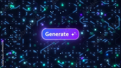 Futuristic AI Generate Button Interface with Cursor Click and Zoom into Circuit Board, Generative Automation Background