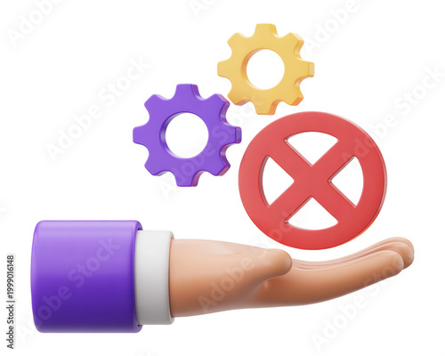3D Hand Holding Red Cross Symbol with Gears Representing Problem Solving