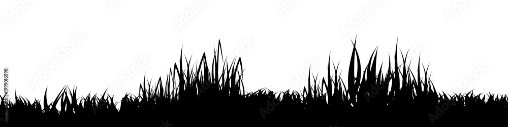 Fototapeta premium Meadow silhouette with grass, plants on plain. Panoramic summer lawn landscape with herbs, various weeds. Herbal border, frame element. Black horizontal banners. Vector illustration