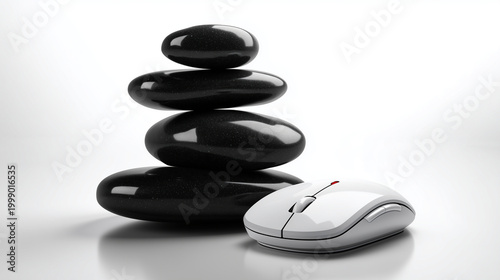 Concept bien-être au travail : quatre pierres zen noires empilées à côté d'une souris d'ordinateur blanche. Équilibre entre vie personnelle et professionnelle. Isolé sur fond blanc