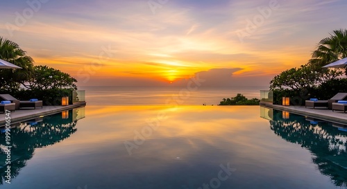 Sunset reflection in a resort swimming pool surrounded by palm trees and lounge chairs.