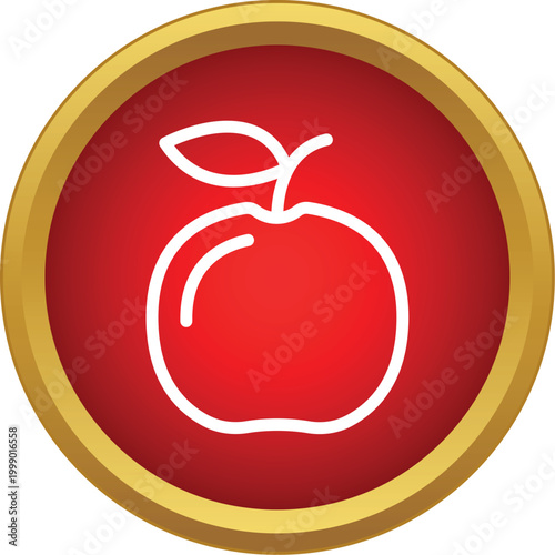 Apple outline graphic on a red circle with a golden border representing healthy eating