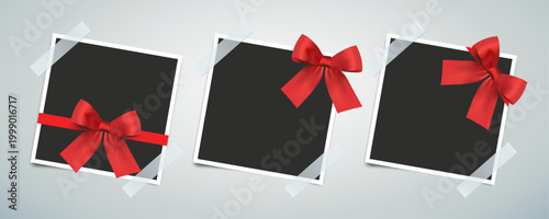 Vintage Instant Photo Frame Set with Red Ribbon Bow and Tape, Blank Retro Polaroid Style Image Frames for Gift Scrapbook Memory Collage Template Vector Illustration