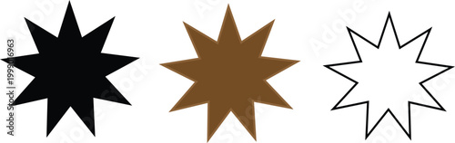 Set of nine pointed star icons in black gold and outline styles isolated on white background for graphic design elements