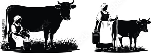 Black Silhouette of Traditional Milkmaid Women with Dairy Cows, Vintage Farm Scene, Minimalist Vector Illustration Set