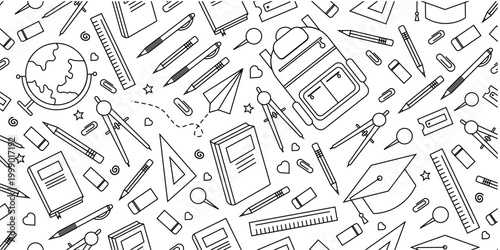School supplies seamless pattern. School attributes seamless pattern. Student accessories repeat background. Back to school banner. Education doodle pattern background.