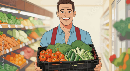Happy Male Grocery Worker Holding Fresh Produce Crate in Supermarket