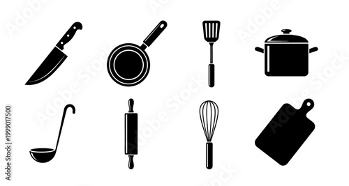 set of kitchen utensils icons on transparent background